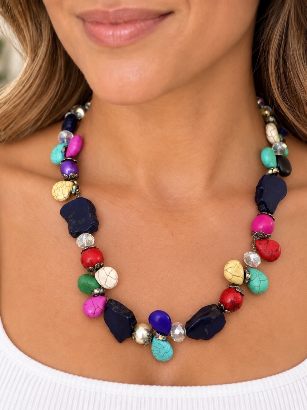 Southwestern Dyed Howlite Natural
Gemstone Statement Necklace With Toggle Clasp